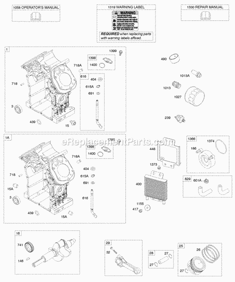 Cylinders Crankshaft PistonRingsConnecting Rod PistonsRingsConnecting Rods Diagram and Parts List for 543275-0111-E1  Briggs and Stratton Engine